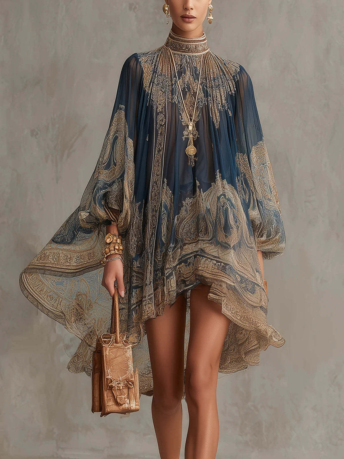 Women's Luxe Bohemian High Neck Chiffon Mini Dress