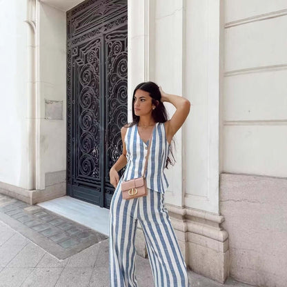 Linen Striped Tank Top & Wide Leg Pants Set