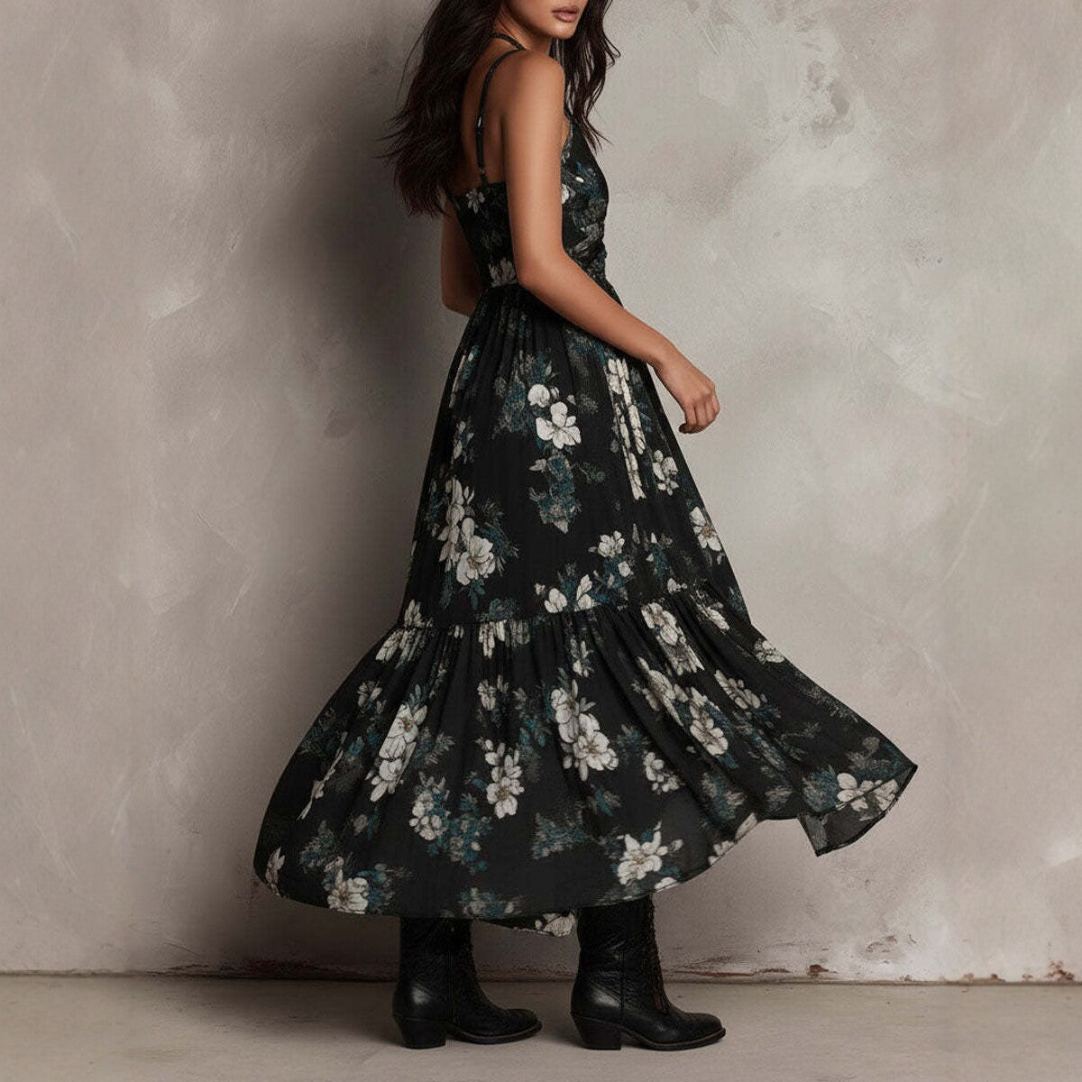 Women's Black Floral High-Low Midi Dress