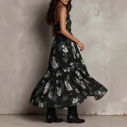 Women's Black Floral High-Low Midi Dress