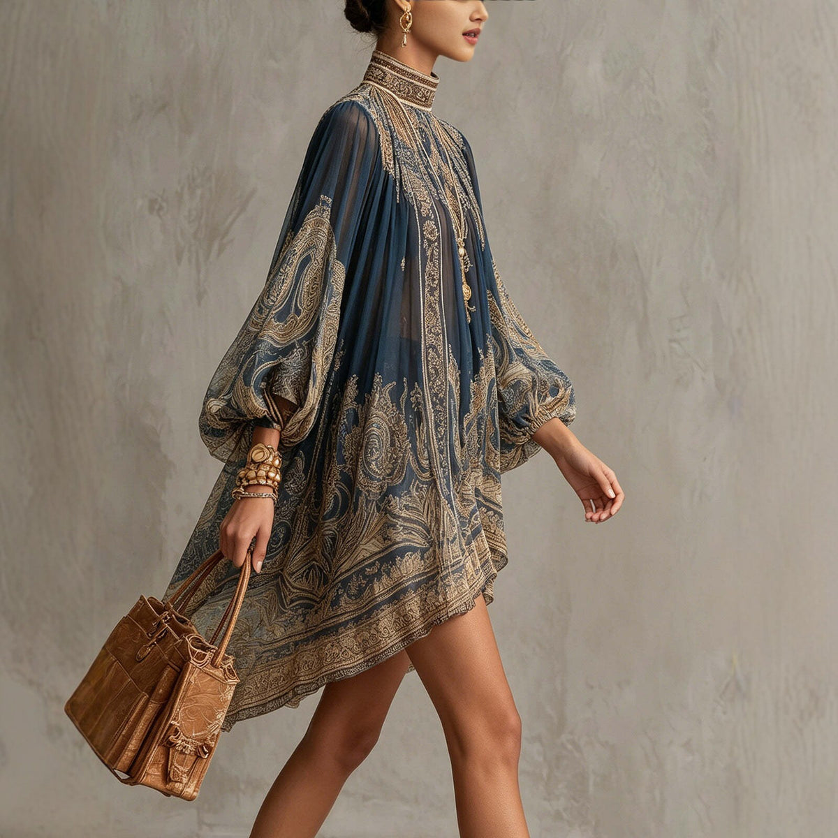 Women's Luxe Bohemian High Neck Chiffon Mini Dress