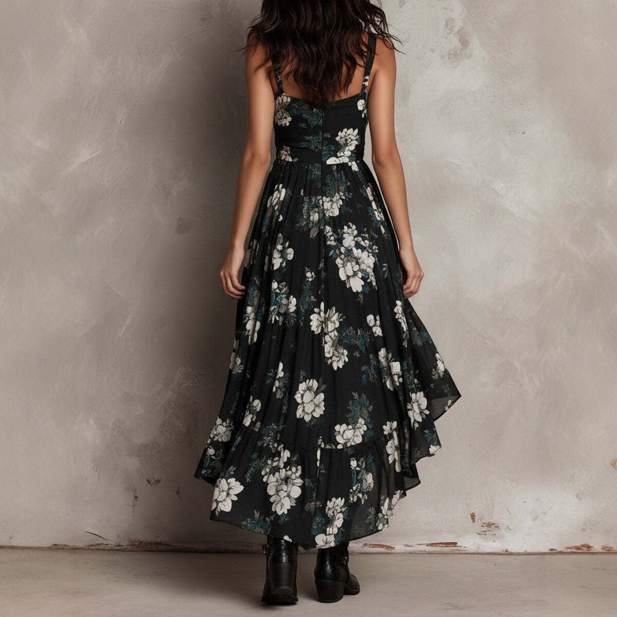 Women's Black Floral High-Low Midi Dress