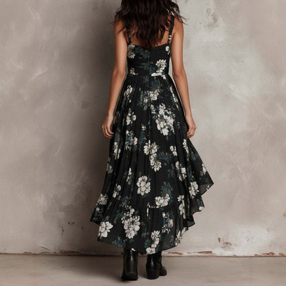 Women's Black Floral High-Low Midi Dress