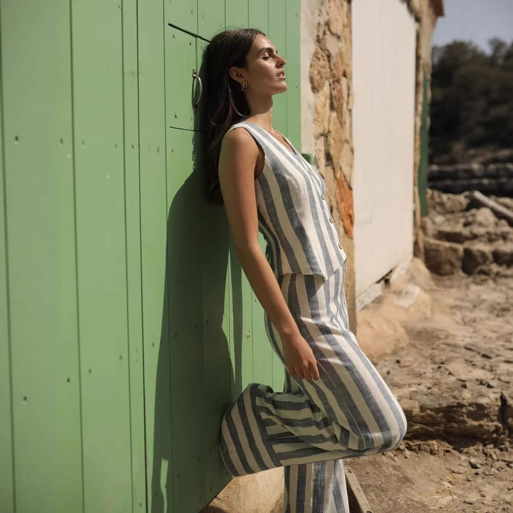 Linen Striped Tank Top & Wide Leg Pants Set