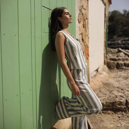 Linen Striped Tank Top & Wide Leg Pants Set