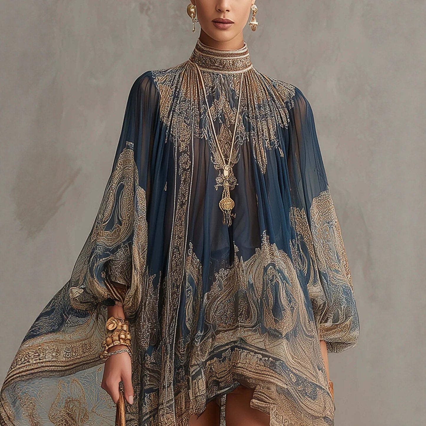 Women's Luxe Bohemian High Neck Chiffon Mini Dress