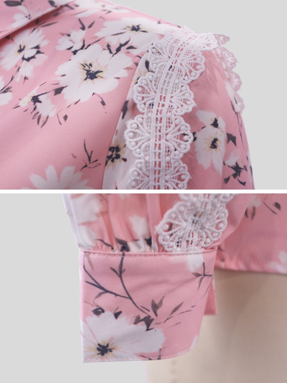 Women's Pink Floral Lace Detail Button-Up Shirt