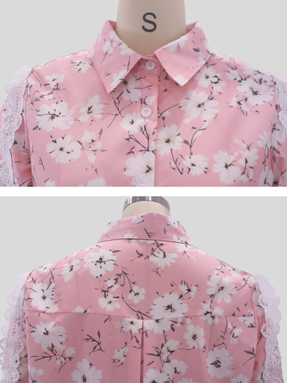 Women's Pink Floral Lace Detail Button-Up Shirt