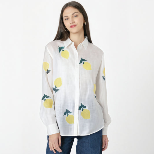 Women's Lemon Embroidered White Cotton Linen Shirt