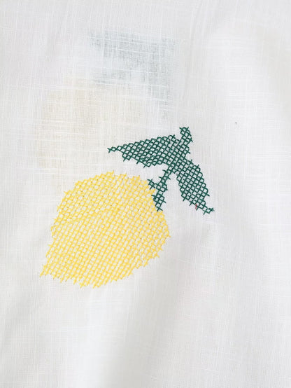 Women's Lemon Embroidered White Cotton Linen Shirt