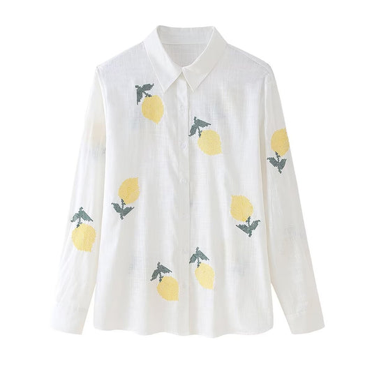 Women's Lemon Embroidered White Cotton Linen Shirt