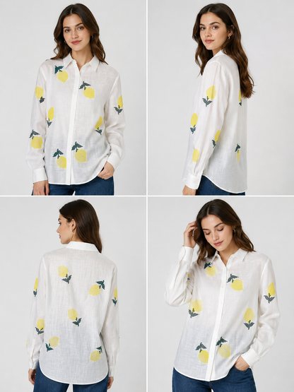 Women's Lemon Embroidered White Cotton Linen Shirt