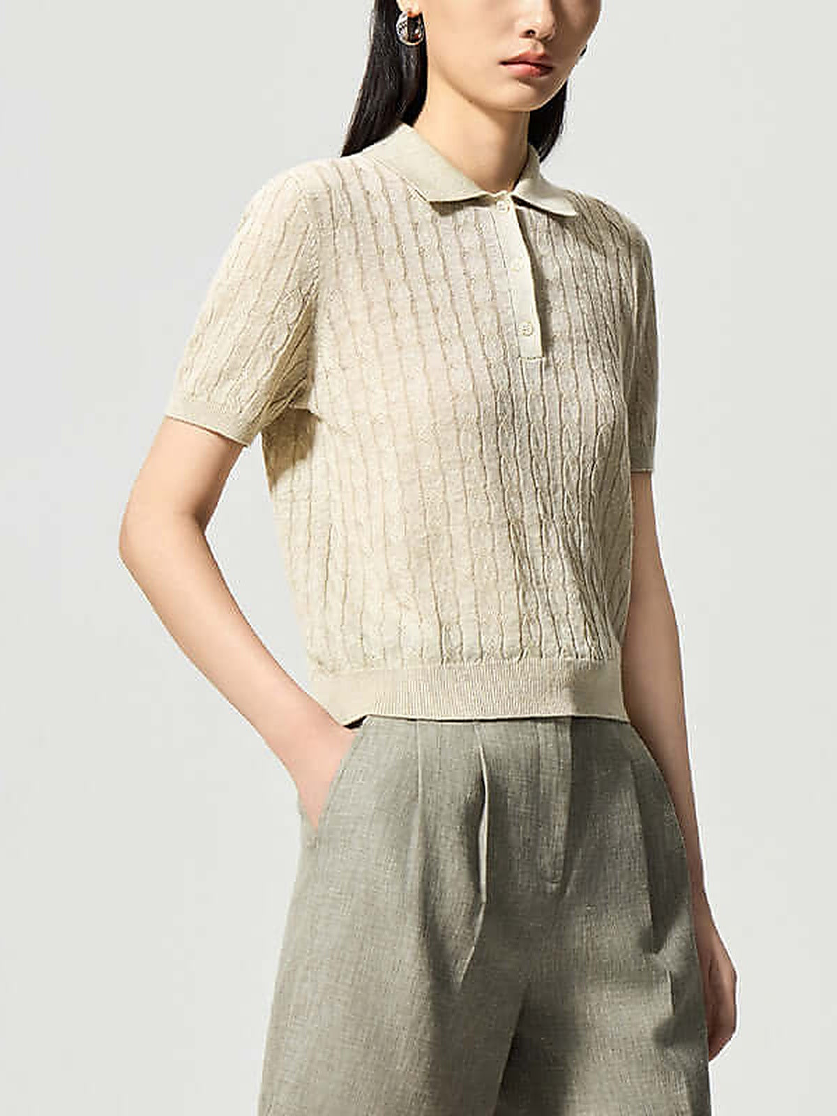 Women's Linen Blend Knit Polo Top