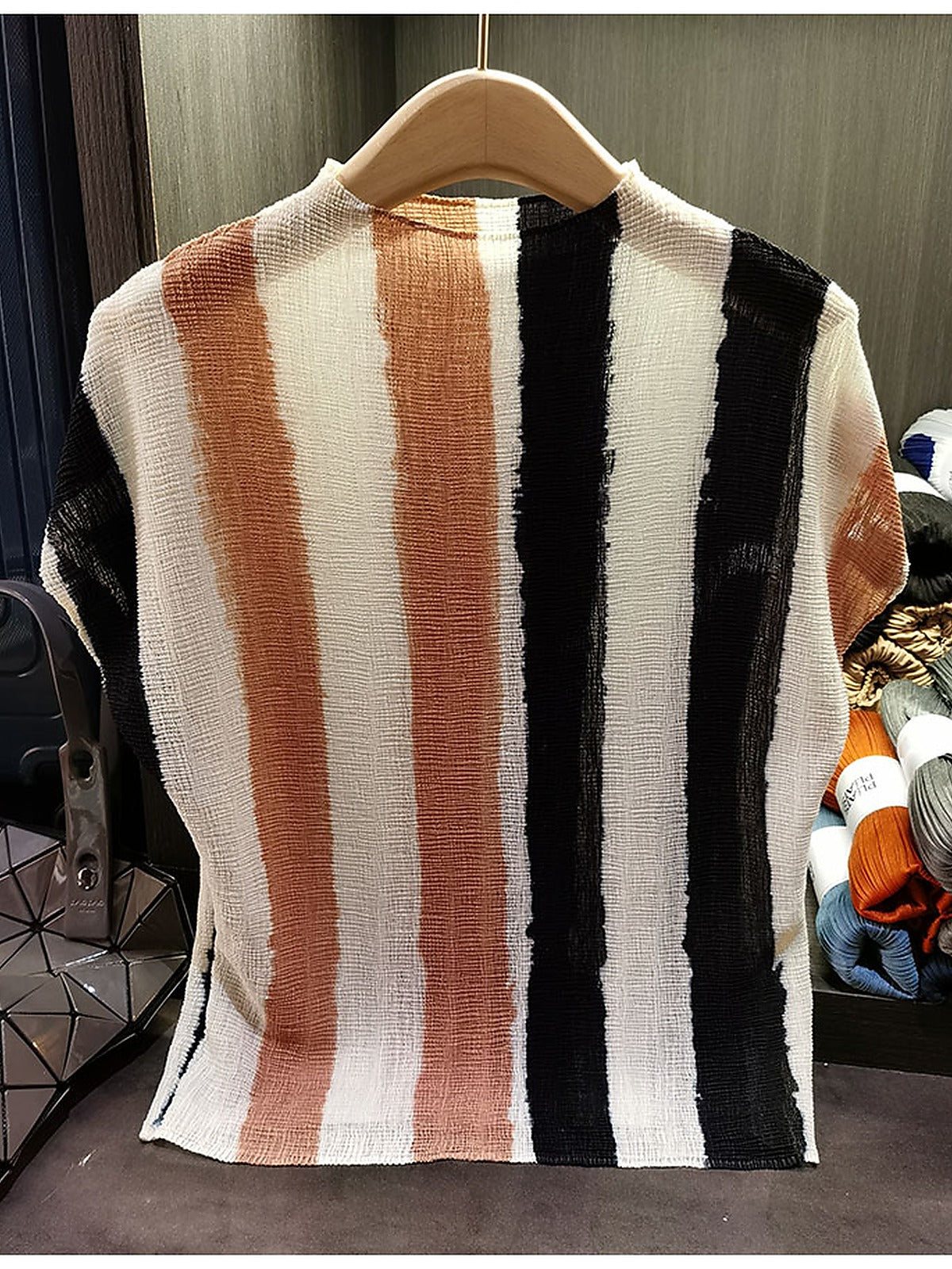 Women's Miyake-Style Pleated Striped T-Shirt
