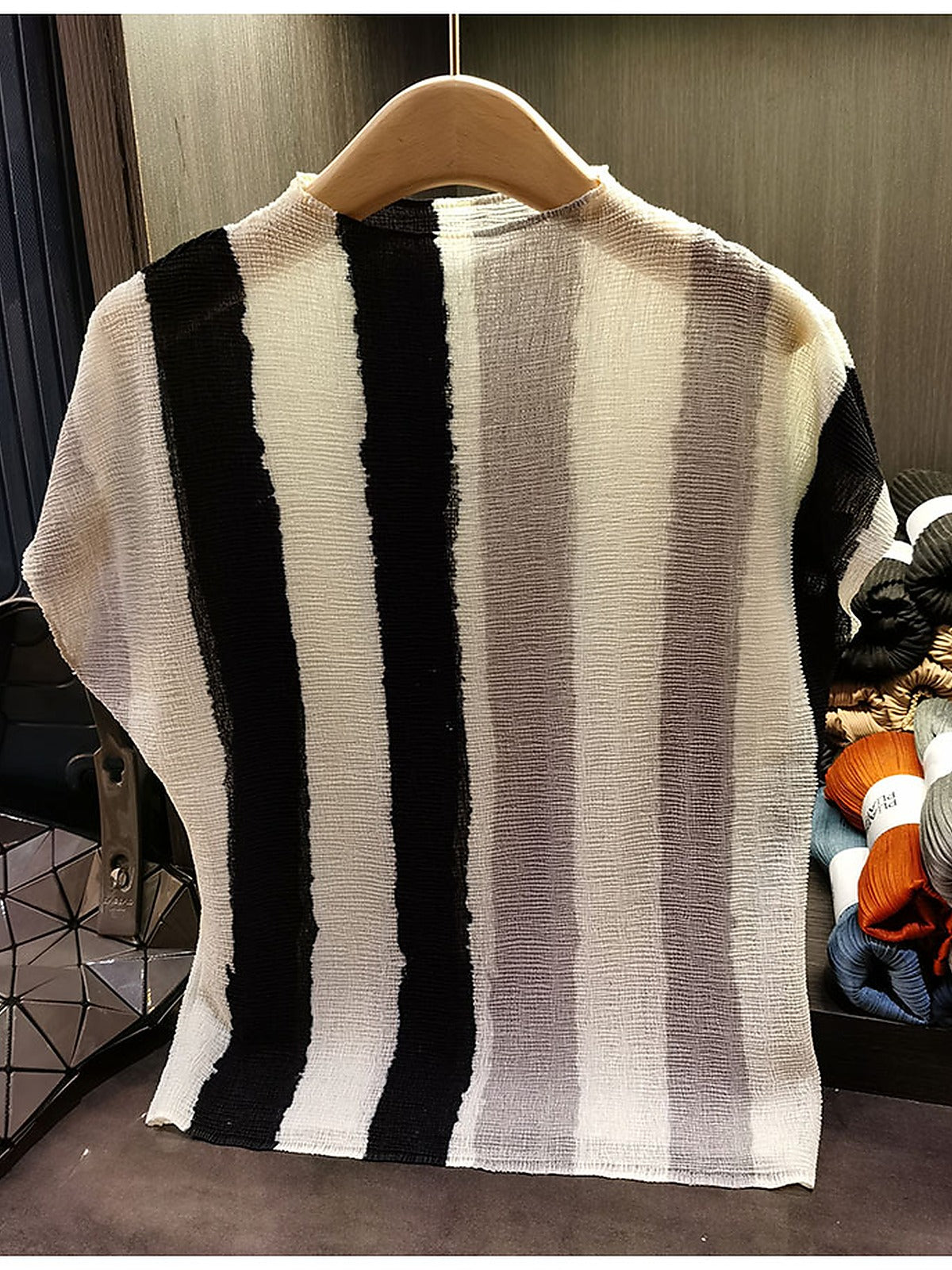 Women's Miyake-Style Pleated Striped T-Shirt