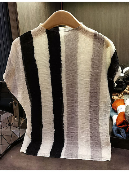 Women's Miyake-Style Pleated Striped T-Shirt