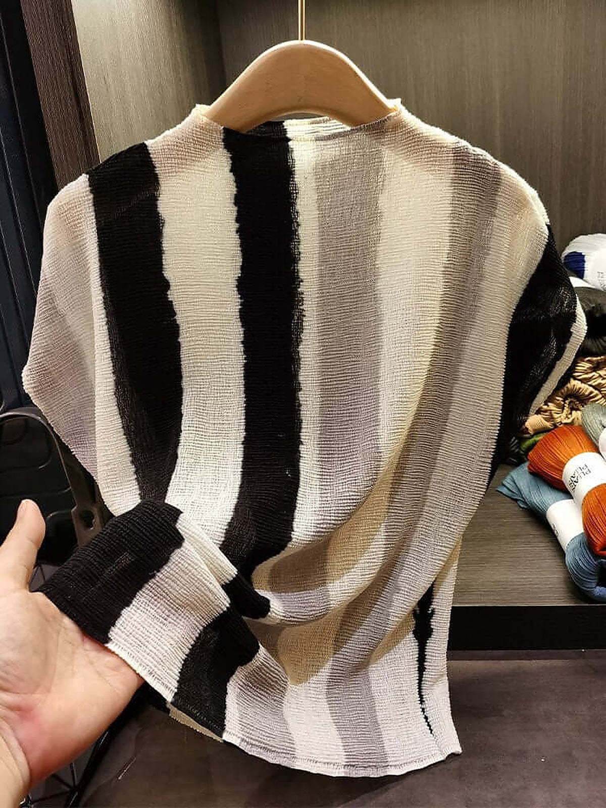 Women's Miyake-Style Pleated Striped T-Shirt