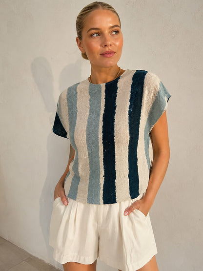Women's Miyake-Style Pleated Striped T-Shirt