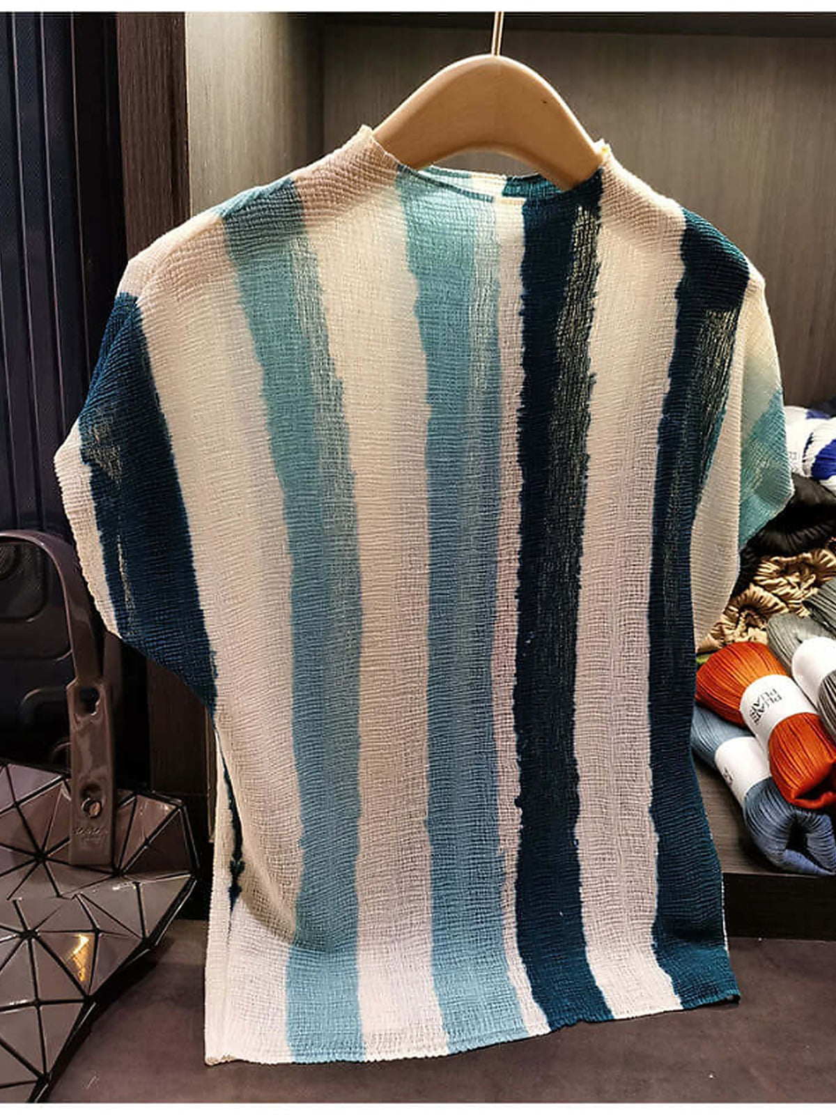 Women's Miyake-Style Pleated Striped T-Shirt