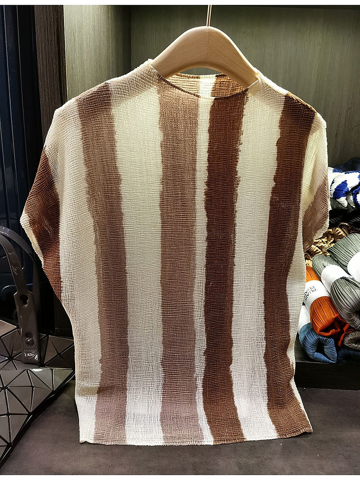 Women's Miyake-Style Pleated Striped T-Shirt