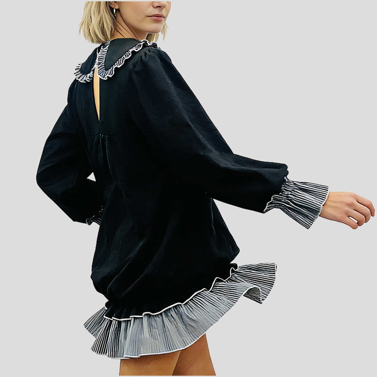 Women's Peter Pan Collar Ruffle Hem Long Sleeve Dress