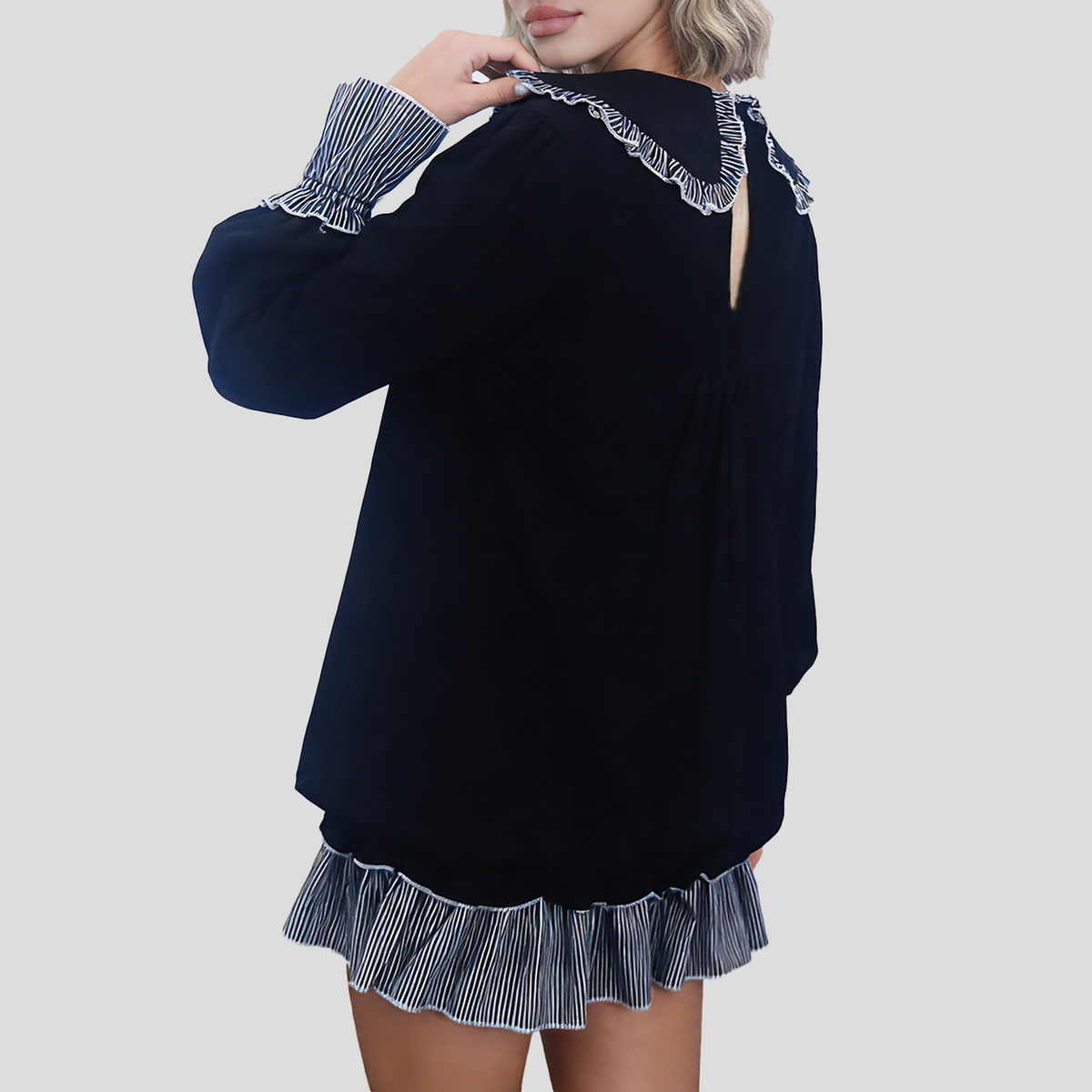 Women's Peter Pan Collar Ruffle Hem Long Sleeve Dress