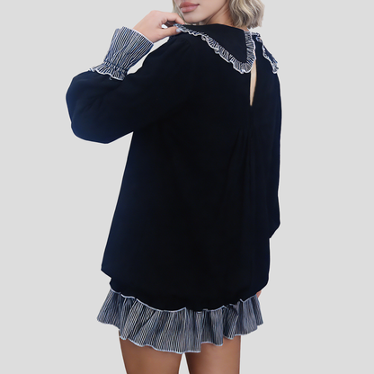 Women's Peter Pan Collar Ruffle Hem Long Sleeve Dress
