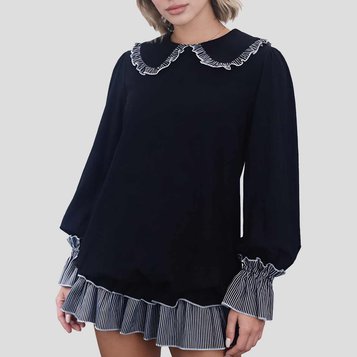 Women's Peter Pan Collar Ruffle Hem Long Sleeve Dress