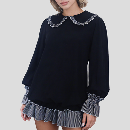 Women's Peter Pan Collar Ruffle Hem Long Sleeve Dress