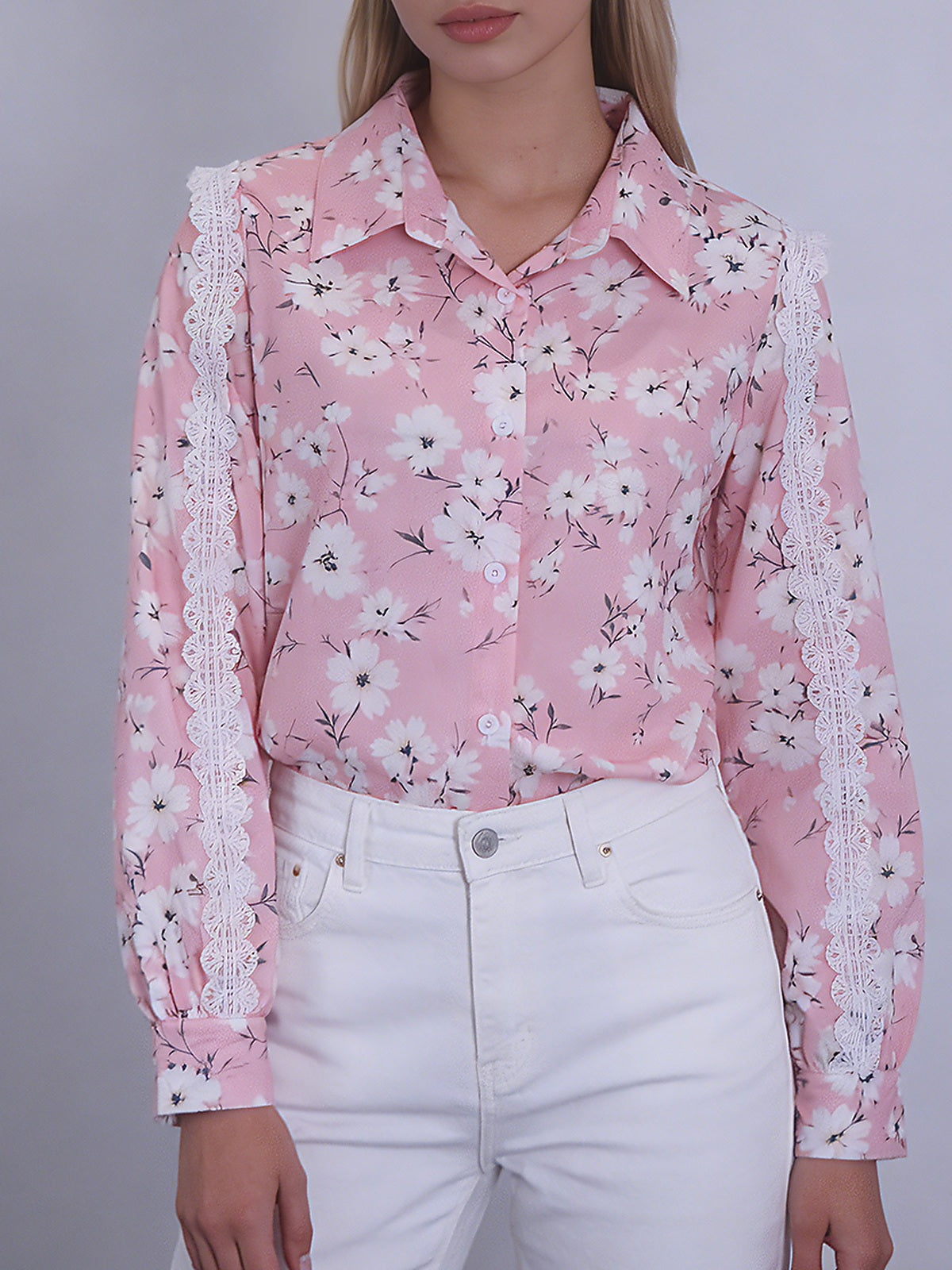 Women's Pink Floral Lace Detail Button-Up Shirt