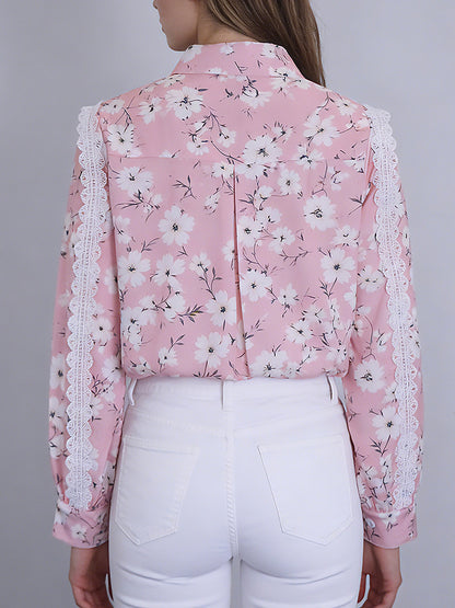Women's Pink Floral Lace Detail Button-Up Shirt
