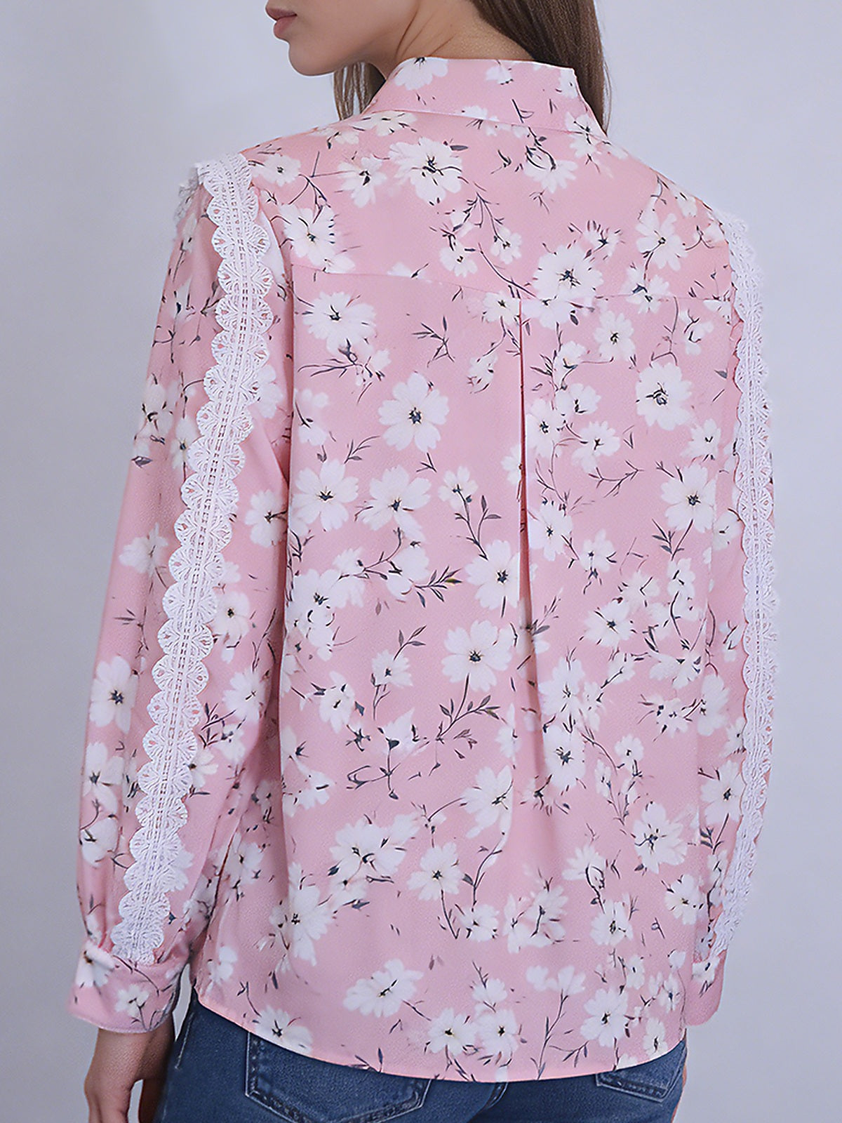 Women's Pink Floral Lace Detail Button-Up Shirt