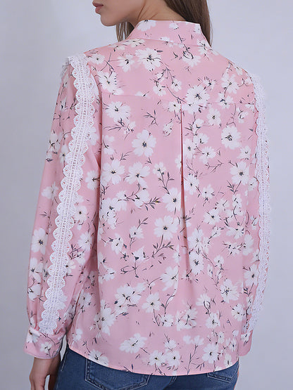 Women's Pink Floral Lace Detail Button-Up Shirt