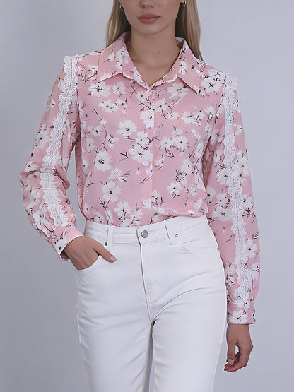 Women's Pink Floral Lace Detail Button-Up Shirt