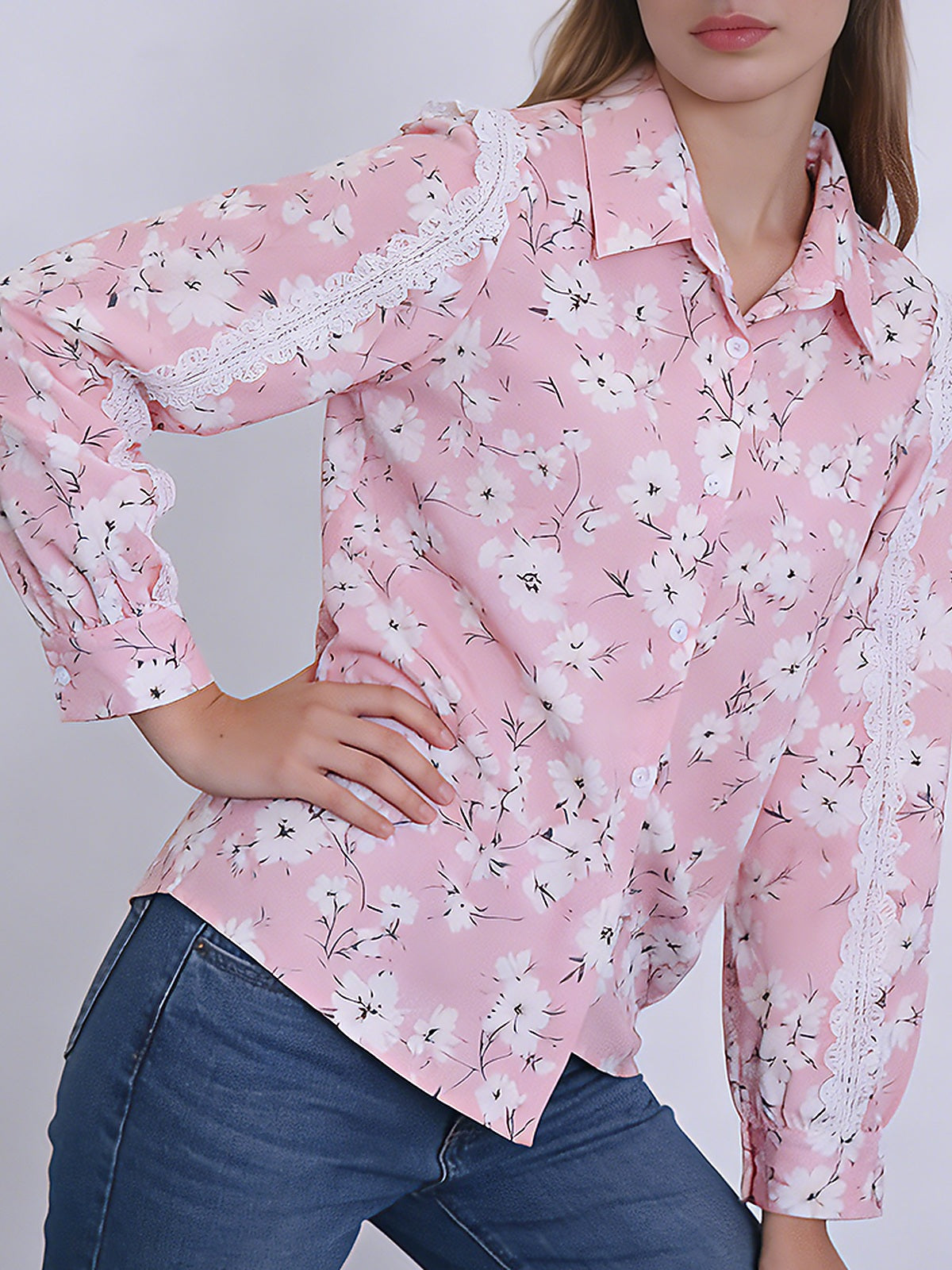 Women's Pink Floral Lace Detail Button-Up Shirt