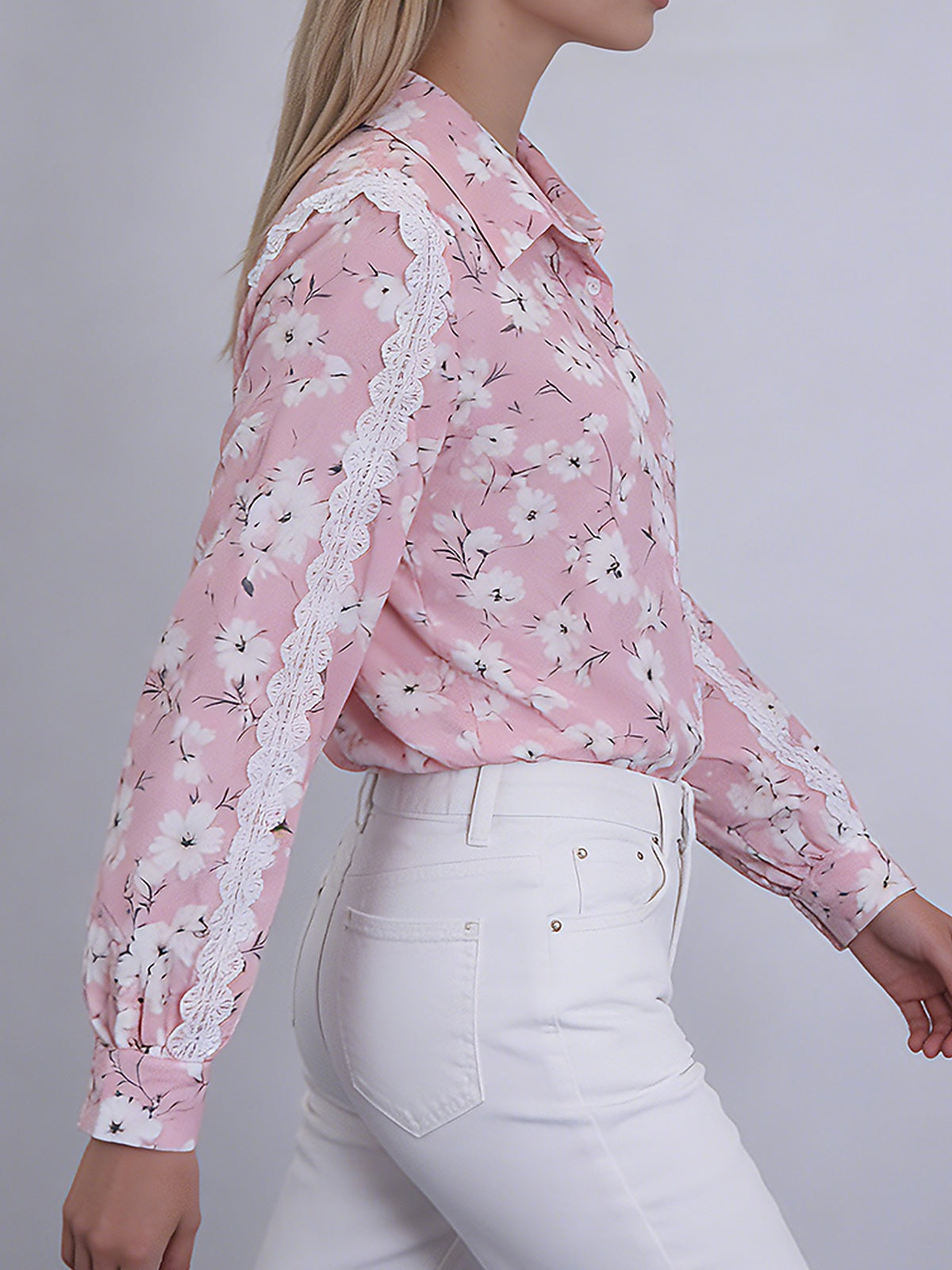 Women's Pink Floral Lace Detail Button-Up Shirt