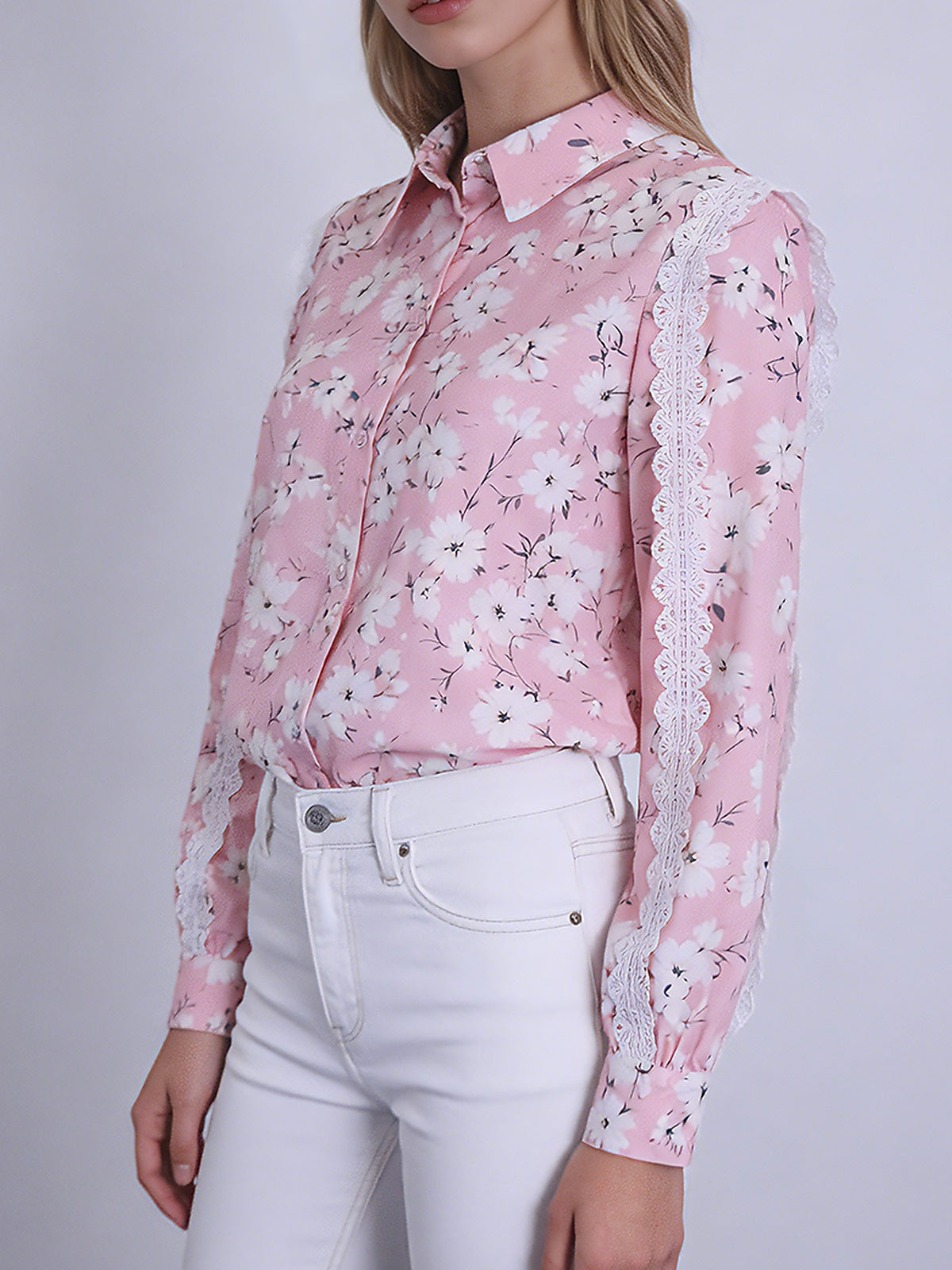 Women's Pink Floral Lace Detail Button-Up Shirt