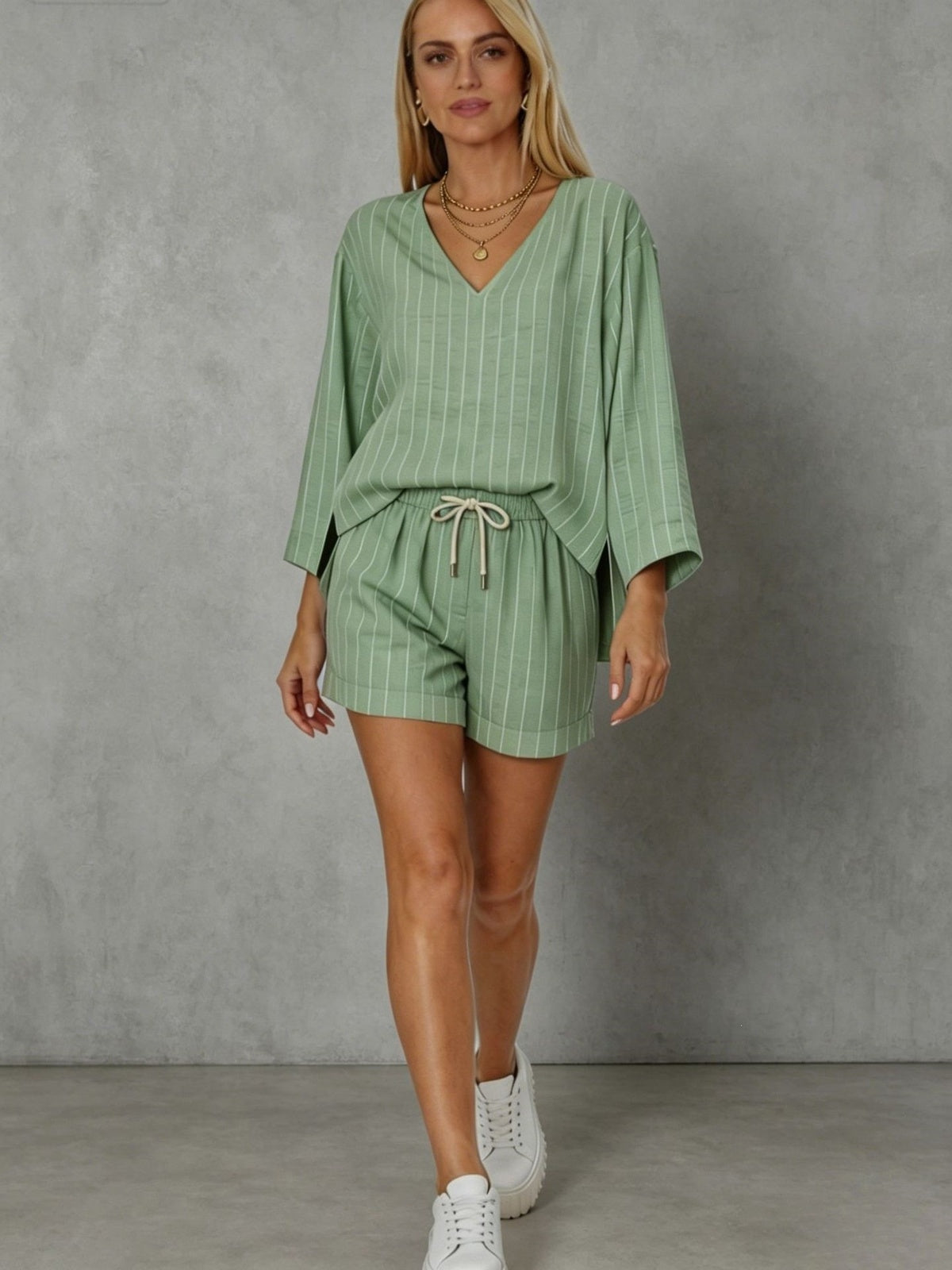 Women's Striped V-Neck Lounge Co-Ord Set