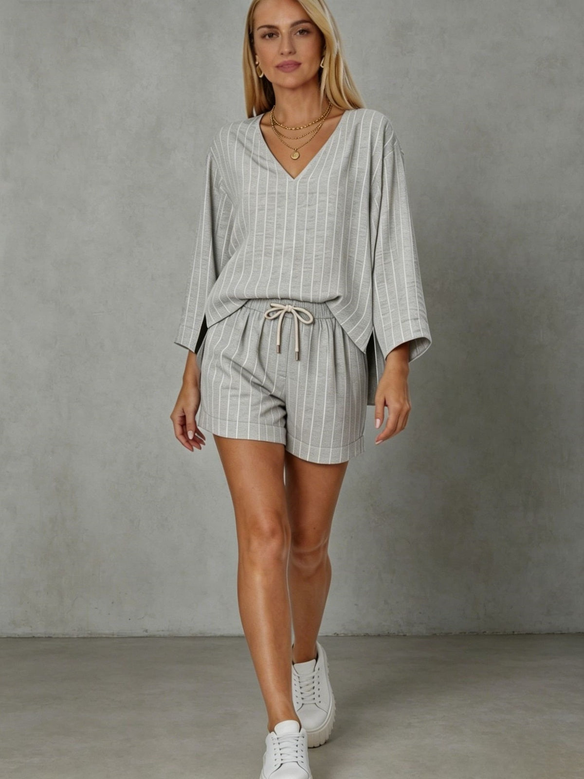 Women's Striped V-Neck Lounge Co-Ord Set